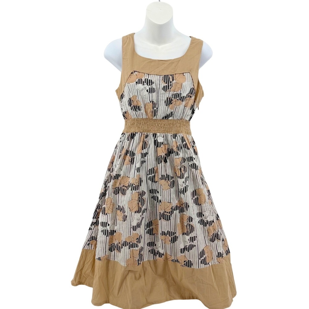 Chaudry K Floral Dress Smocked Waist Tie Back Cotton Sleeveless Medium